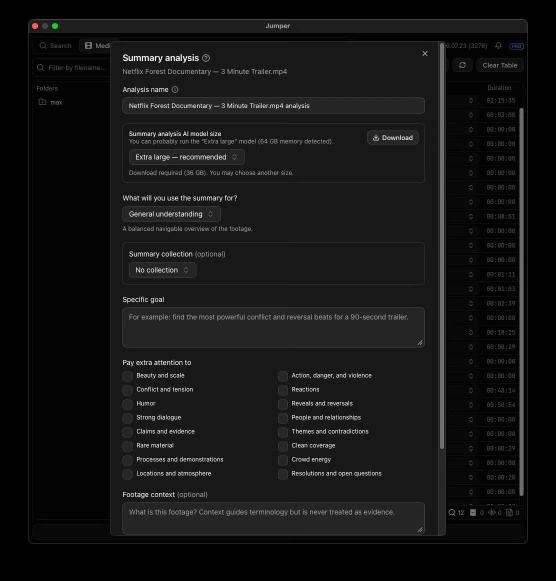 Summary Analysis setup with model size, purpose, goal, and editorial priorities