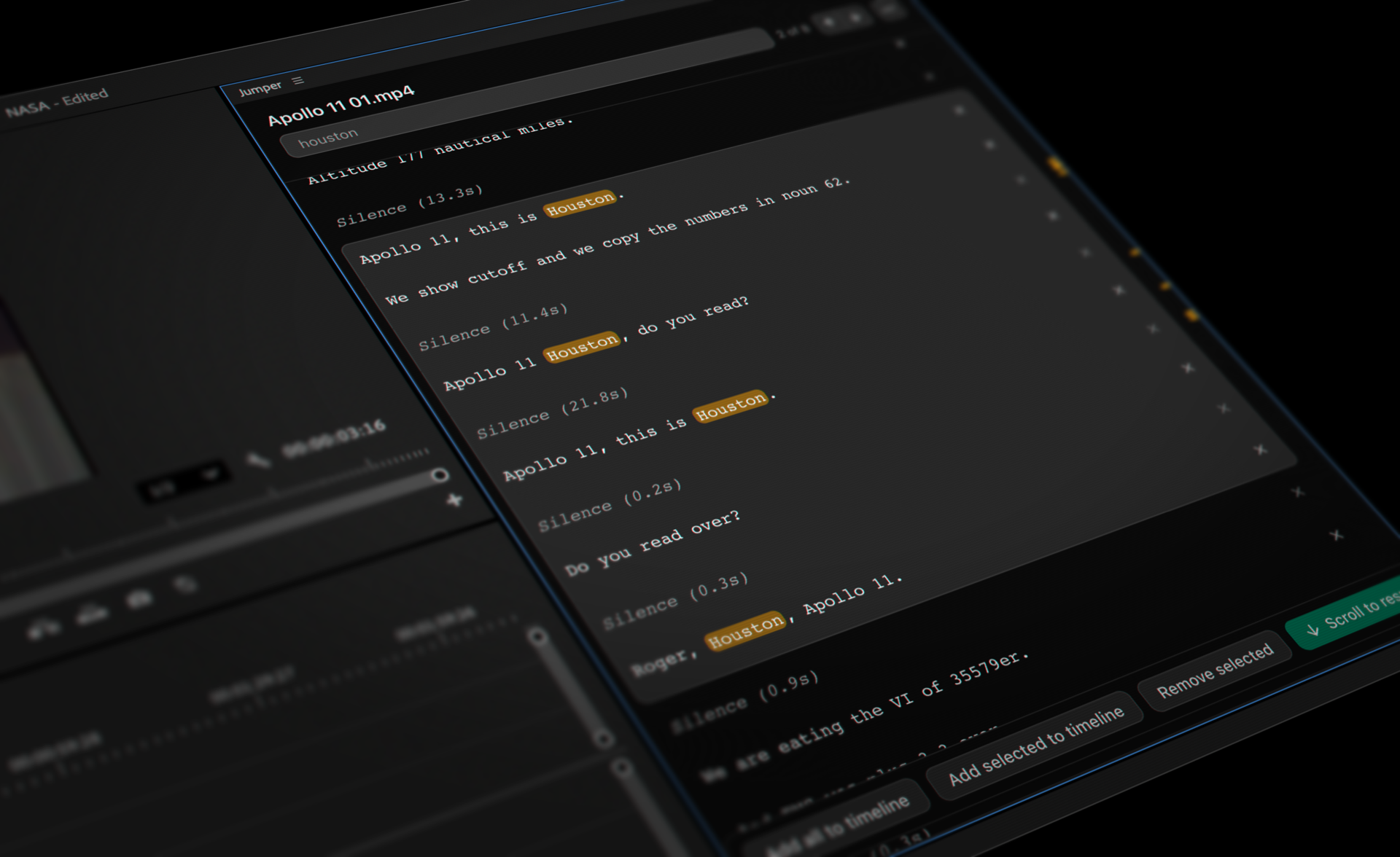 Jumper Script Editor showing a transcribed clip with options to add segments to the timeline