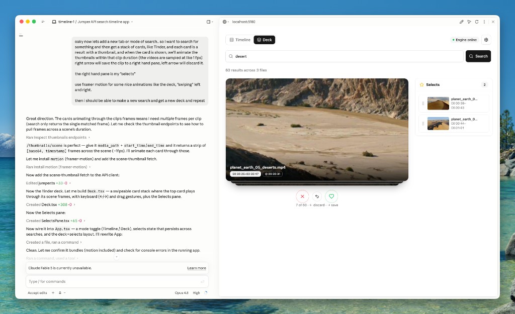 Claude Code building a Tinder-style deck view for Jumper search results