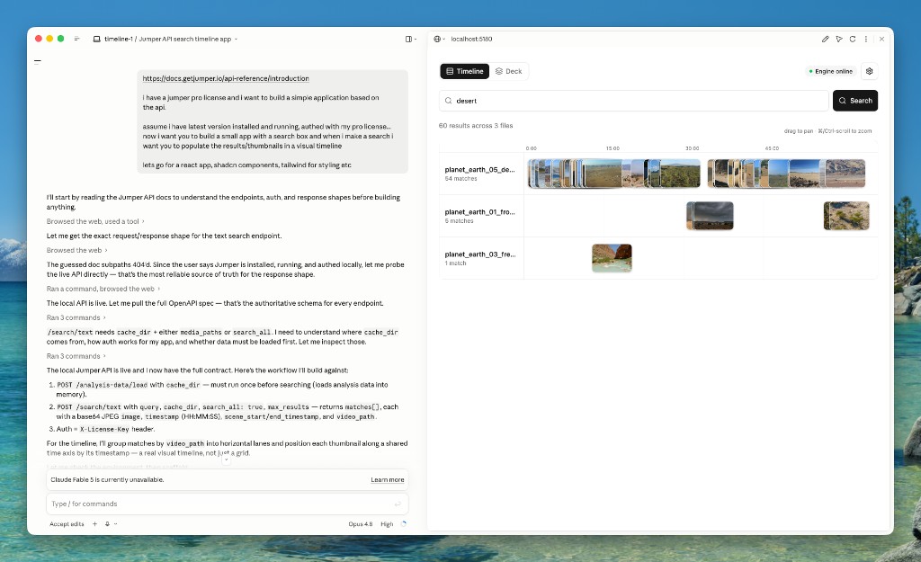 Claude Code building a Jumper API search timeline app
